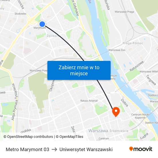 Metro Marymont 03 to Uniwersytet Warszawski map