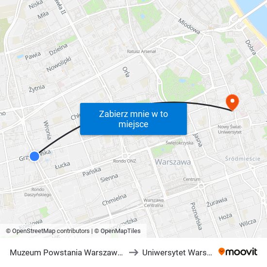 Muzeum Powstania Warszawskiego 06 to Uniwersytet Warszawski map