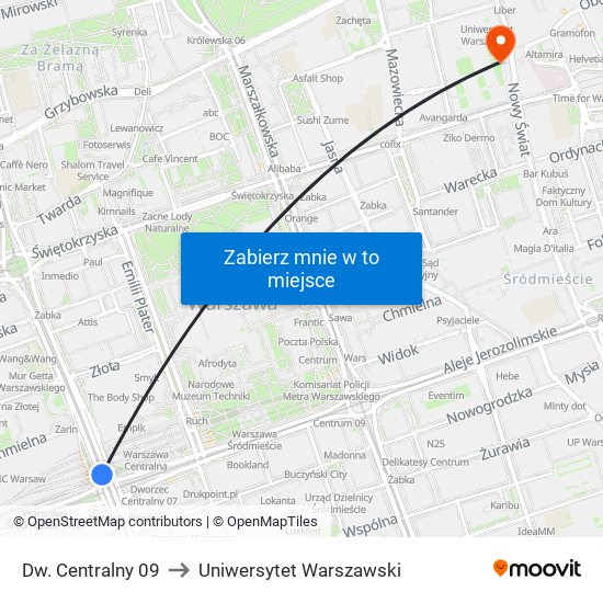 Dw. Centralny 09 to Uniwersytet Warszawski map