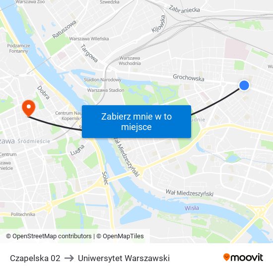Czapelska to Uniwersytet Warszawski map