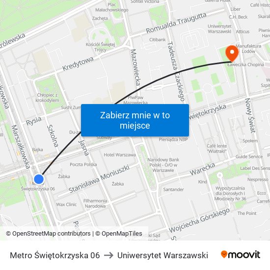 Metro Świętokrzyska 06 to Uniwersytet Warszawski map