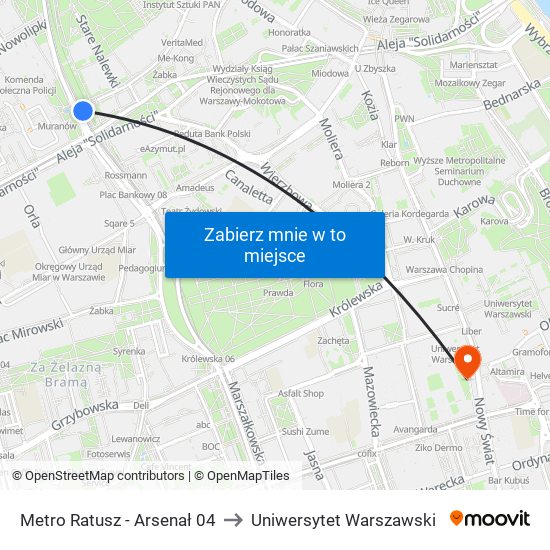 Metro Ratusz - Arsenał 04 to Uniwersytet Warszawski map