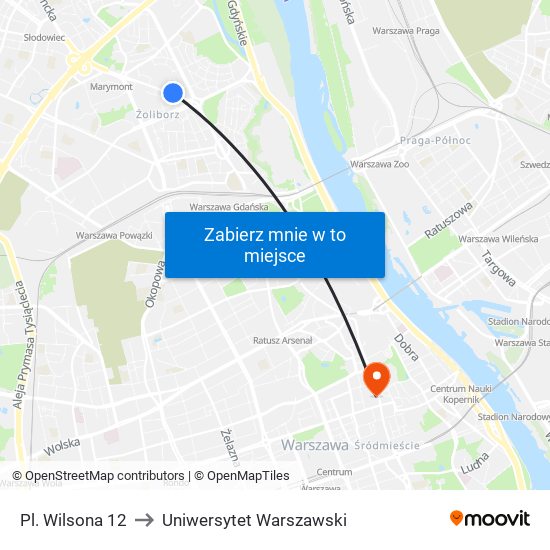 Pl. Wilsona 12 to Uniwersytet Warszawski map