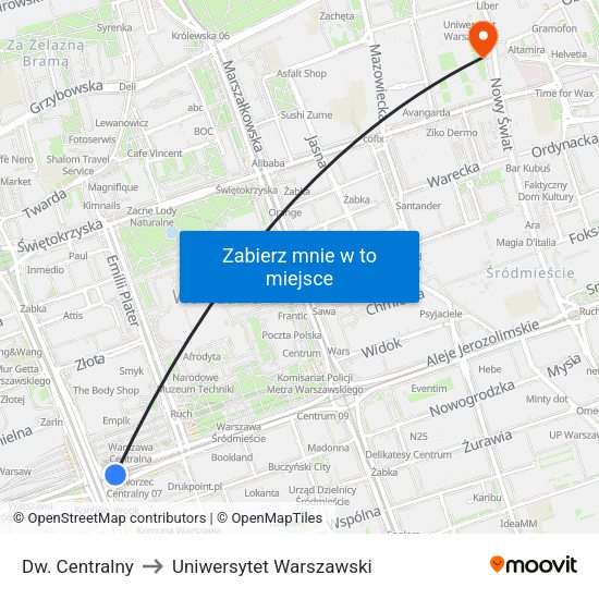Dw. Centralny to Uniwersytet Warszawski map