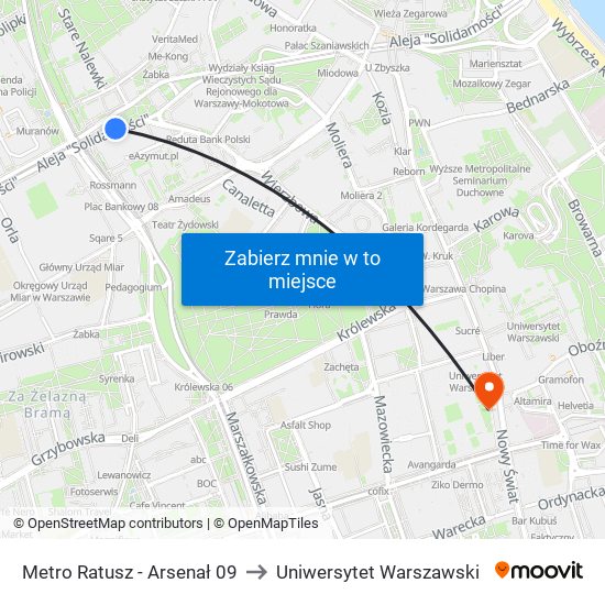Metro Ratusz - Arsenał 09 to Uniwersytet Warszawski map
