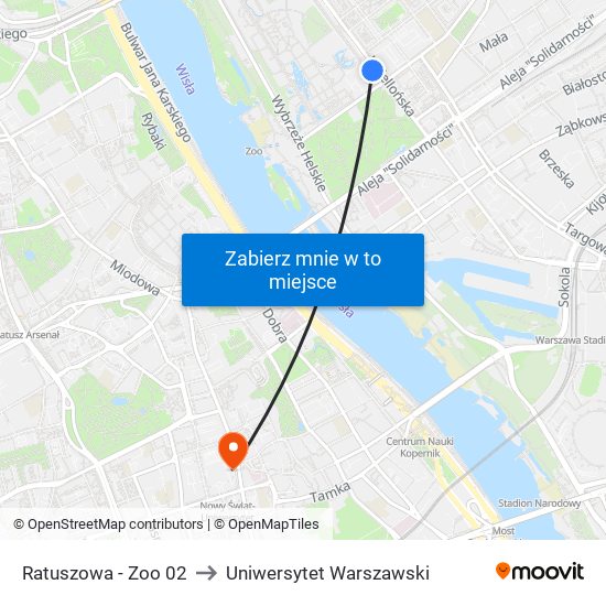 Ratuszowa - Zoo 02 to Uniwersytet Warszawski map