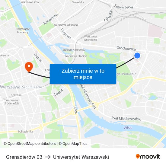 Grenadierów 03 to Uniwersytet Warszawski map