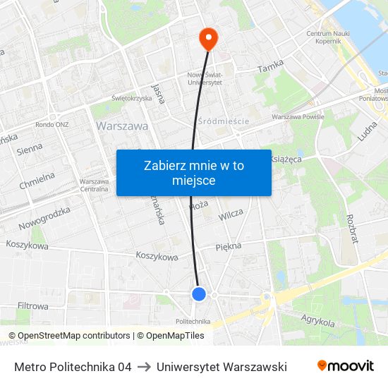 Metro Politechnika 04 to Uniwersytet Warszawski map