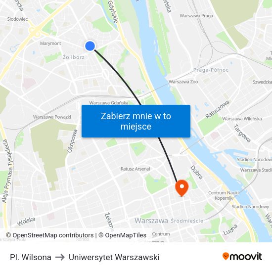 Pl. Wilsona to Uniwersytet Warszawski map