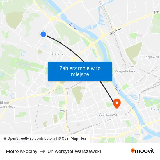 Metro Młociny to Uniwersytet Warszawski map
