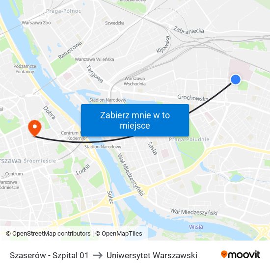 Szaserów - Szpital 01 to Uniwersytet Warszawski map