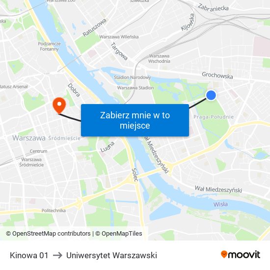 Kinowa 01 to Uniwersytet Warszawski map