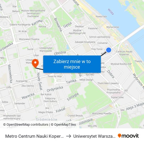 Metro Centrum Nauki Kopernik 04 to Uniwersytet Warszawski map