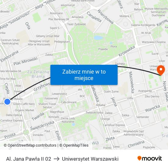 Al. Jana Pawła II 02 to Uniwersytet Warszawski map