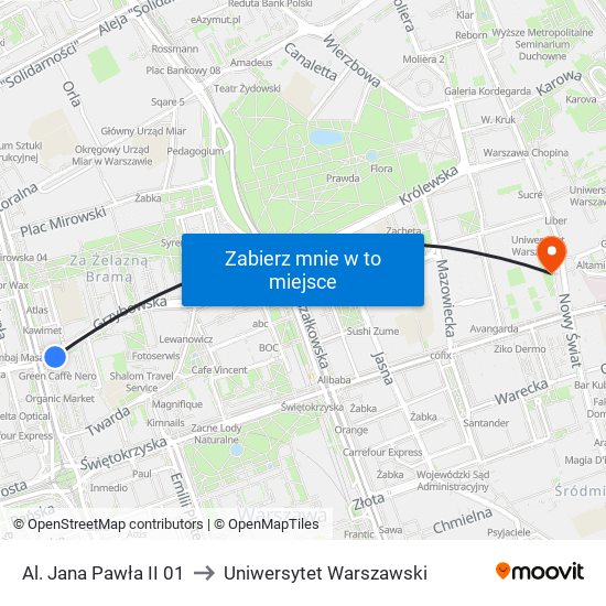 Al. Jana Pawła II 01 to Uniwersytet Warszawski map