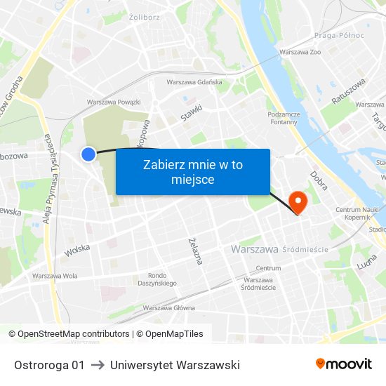 Ostroroga 01 to Uniwersytet Warszawski map
