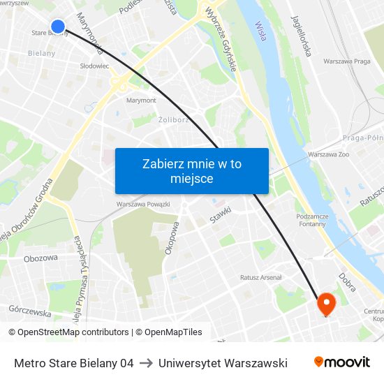 Metro Stare Bielany 04 to Uniwersytet Warszawski map