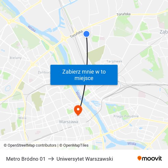 Metro Bródno 01 to Uniwersytet Warszawski map