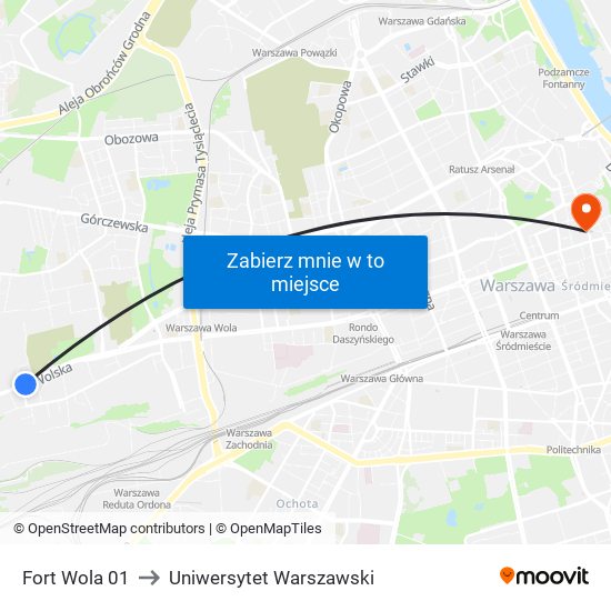 Fort Wola to Uniwersytet Warszawski map