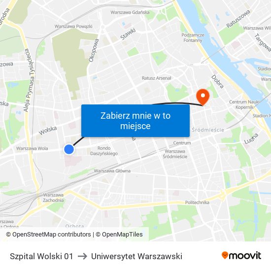 Szpital Wolski 01 to Uniwersytet Warszawski map