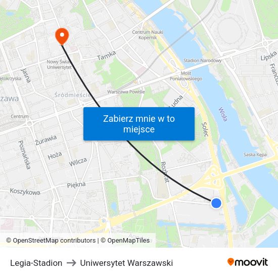 Legia-Stadion to Uniwersytet Warszawski map