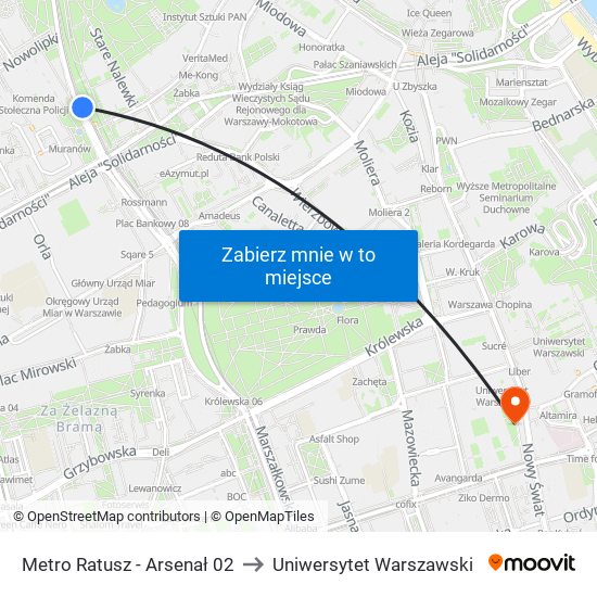 Metro Ratusz - Arsenał 02 to Uniwersytet Warszawski map
