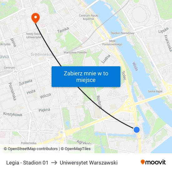 Legia - Stadion 01 to Uniwersytet Warszawski map