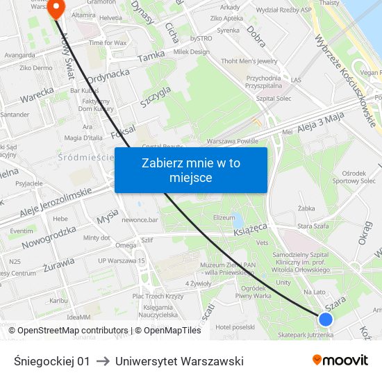 Śniegockiej 01 to Uniwersytet Warszawski map