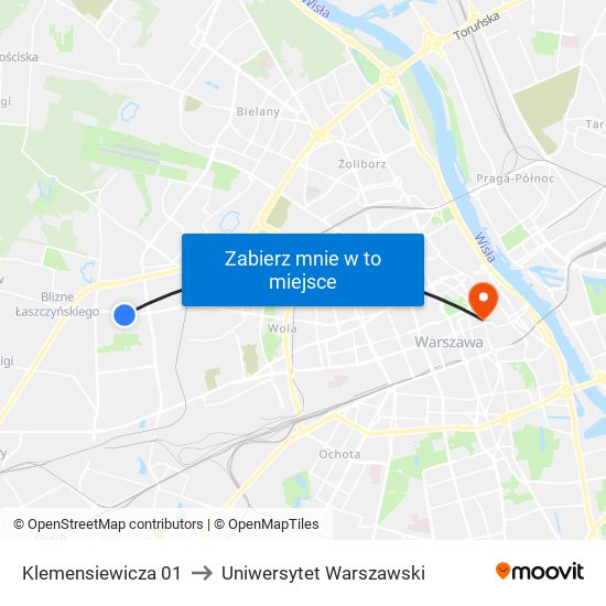 Klemensiewicza 01 to Uniwersytet Warszawski map