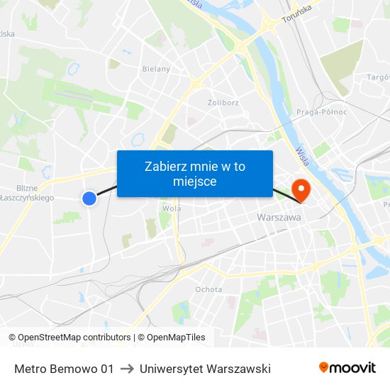 Metro Bemowo 01 to Uniwersytet Warszawski map