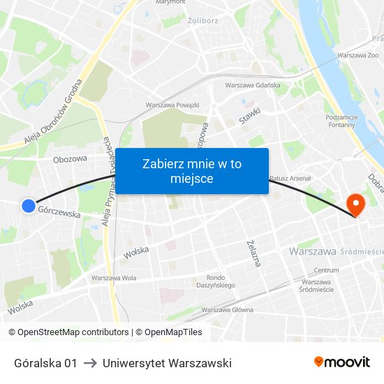 Góralska 01 to Uniwersytet Warszawski map