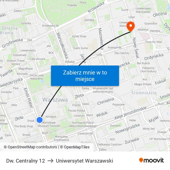 Dw. Centralny 12 to Uniwersytet Warszawski map