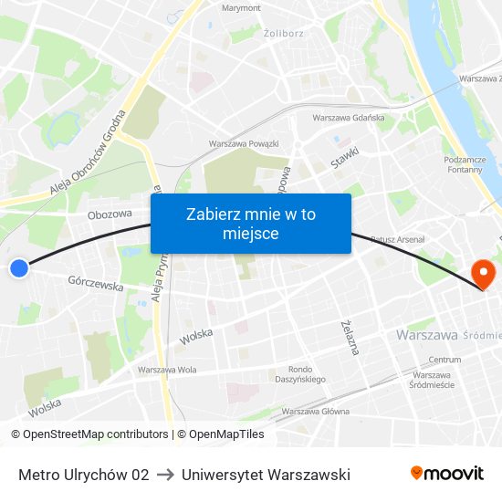 Metro Ulrychów to Uniwersytet Warszawski map