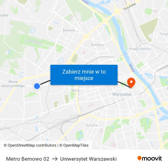 Metro Bemowo 02 to Uniwersytet Warszawski map