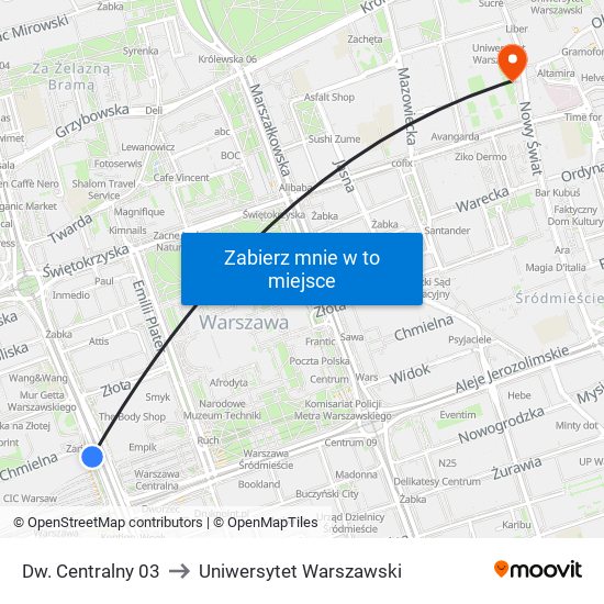 Dw. Centralny 03 to Uniwersytet Warszawski map