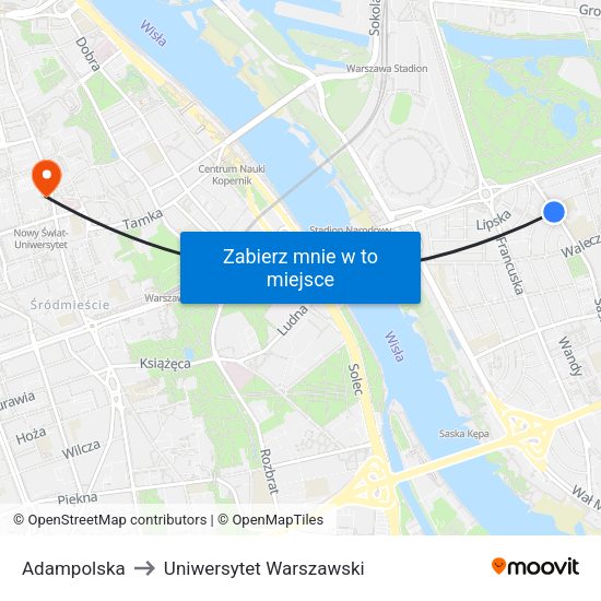 Adampolska 01 to Uniwersytet Warszawski map