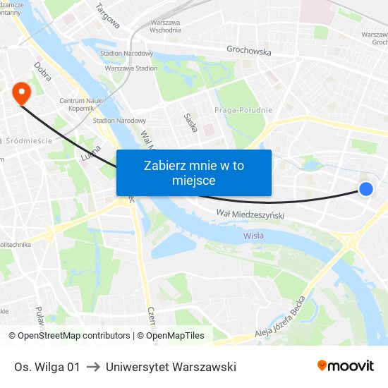 Os. Wilga 01 to Uniwersytet Warszawski map