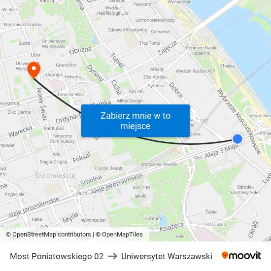 Most Poniatowskiego to Uniwersytet Warszawski map