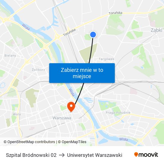 Szpital Bródnowski 02 to Uniwersytet Warszawski map