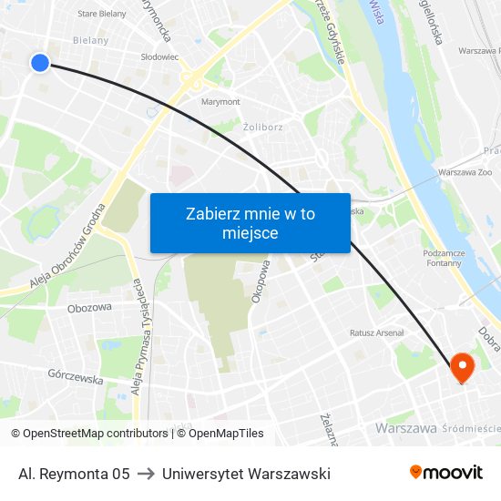 Al. Reymonta 05 to Uniwersytet Warszawski map