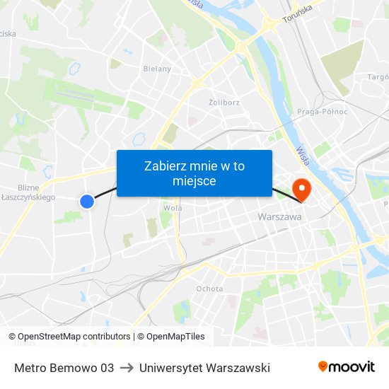 Metro Bemowo 03 to Uniwersytet Warszawski map