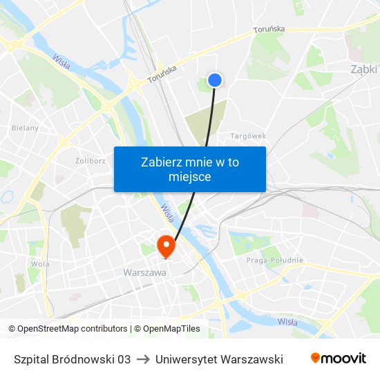 Szpital Bródnowski 03 to Uniwersytet Warszawski map