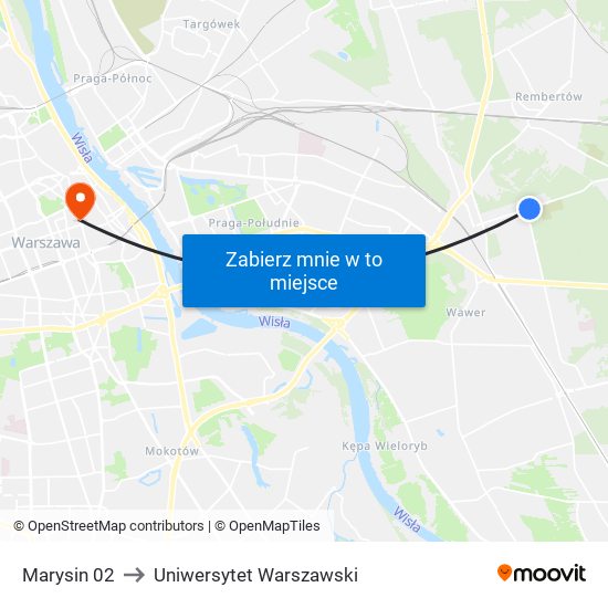 Marysin 02 to Uniwersytet Warszawski map