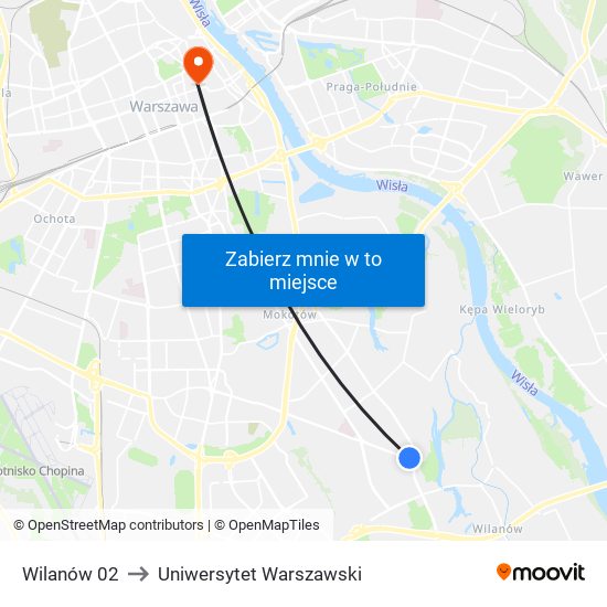 Wilanów 02 to Uniwersytet Warszawski map