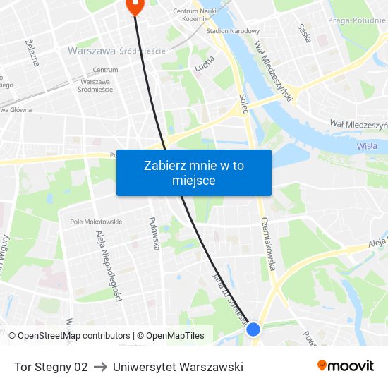 Tor Stegny to Uniwersytet Warszawski map