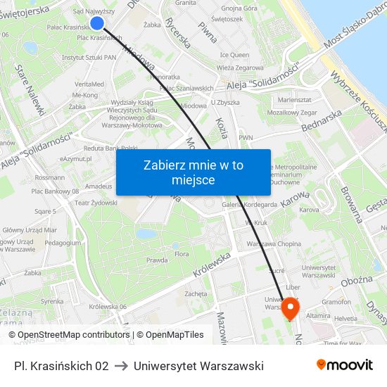 Pl. Krasińskich 02 to Uniwersytet Warszawski map