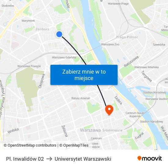 Pl. Inwalidów 02 to Uniwersytet Warszawski map