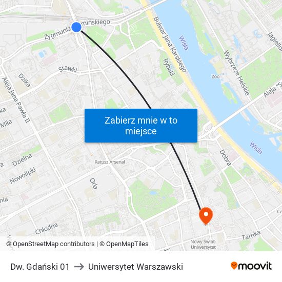 Dw. Gdański to Uniwersytet Warszawski map
