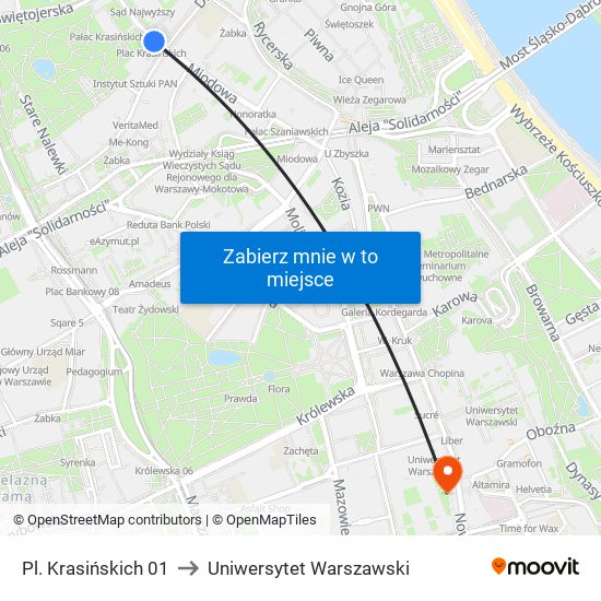 Pl. Krasińskich 01 to Uniwersytet Warszawski map