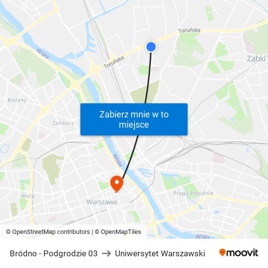 Bródno - Podgrodzie 03 to Uniwersytet Warszawski map